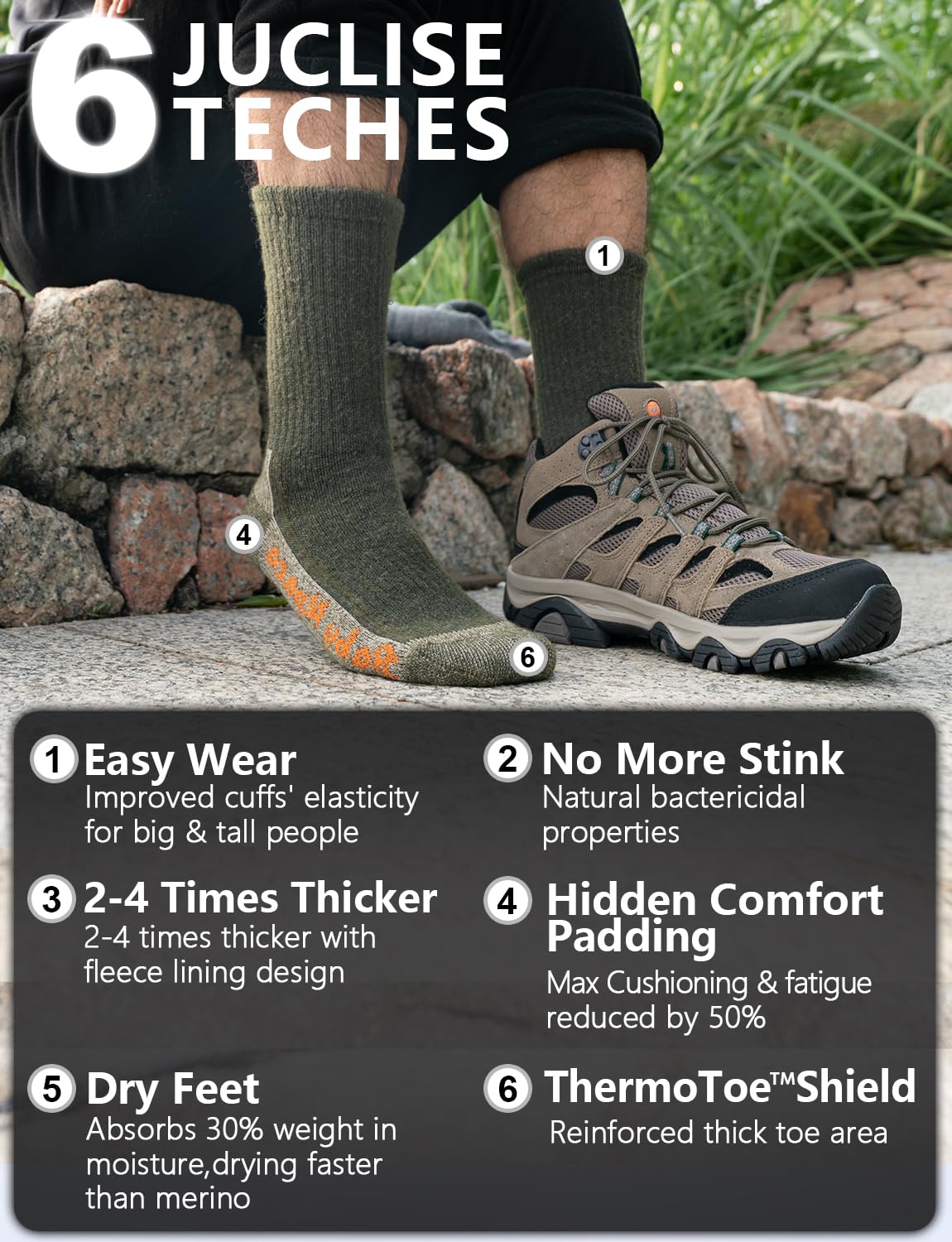 Juclise Alpaca Wool Hiking Socks moisture-wicking dries feet and feels fresh.