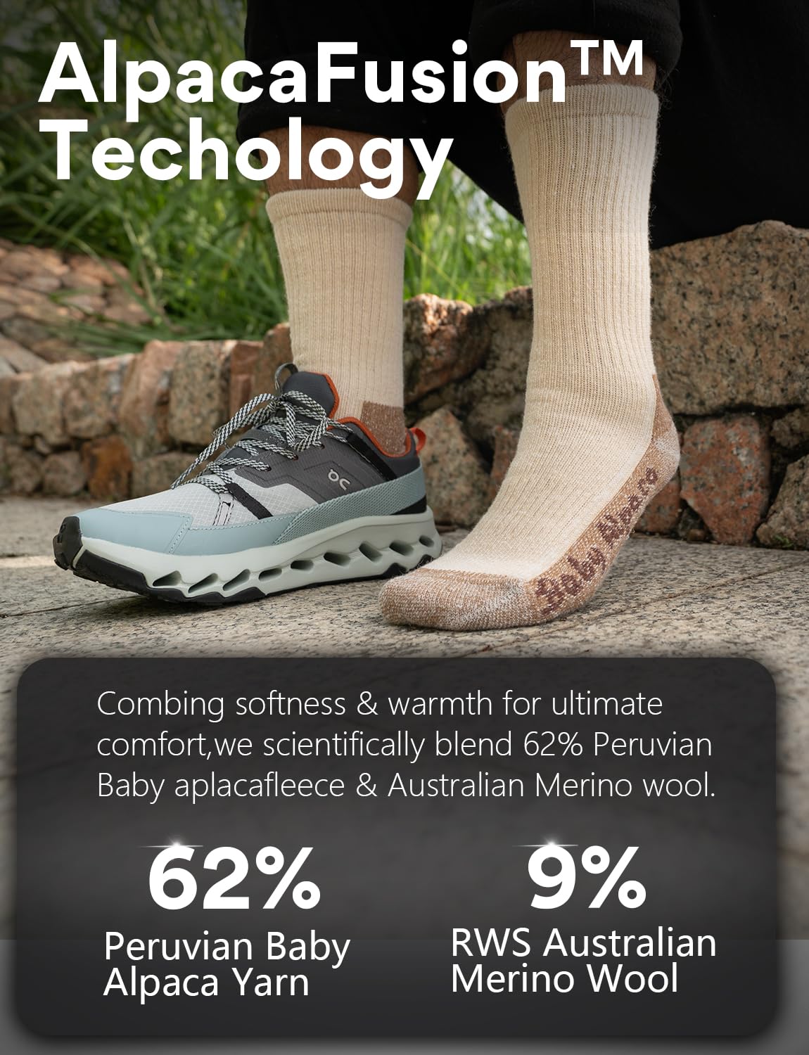 Juclise Alpaca Wool Warm Hiking Socks beige-s foot-bed-cushioning demonstrates anti-blister comfort on trails