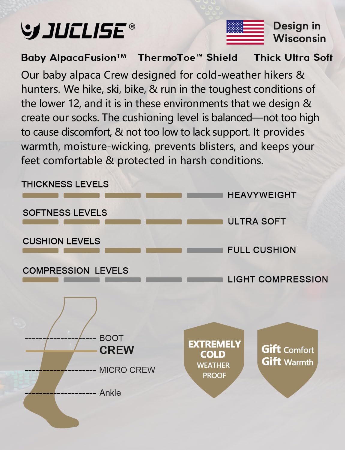 Juclise Alpaca Wool Warm Hiking Socks worn with boots demonstrates outdoor-ready performance