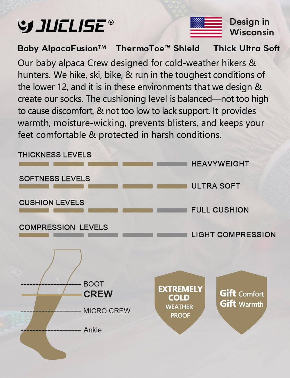 Juclise Alpaca Wool Warm Hiking Socks worn with boots demonstrates outdoor-ready performance