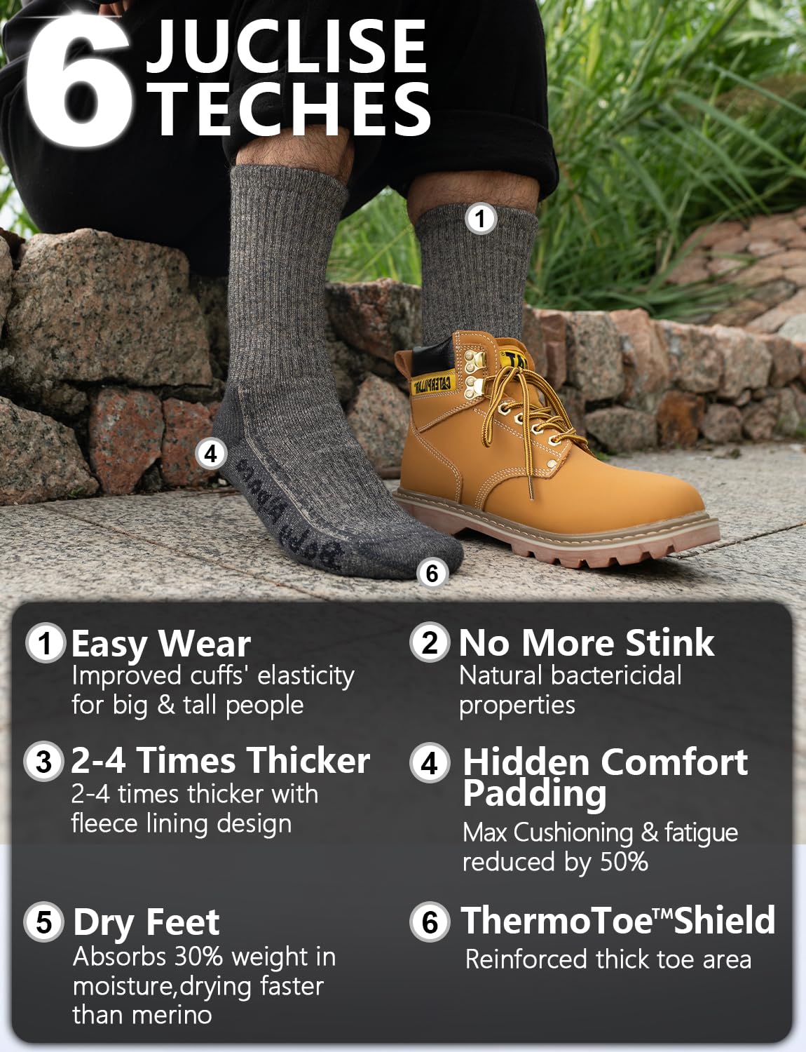 Juclise Alpaca Wool Warm Hiking Socks reinforced toe area for winter wear.
