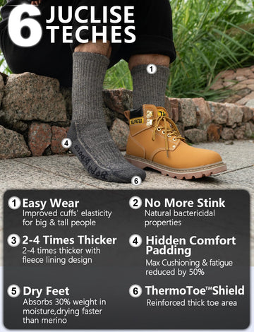 Juclise Alpaca Wool Warm Hiking Socks reinforced toe area for winter wear.