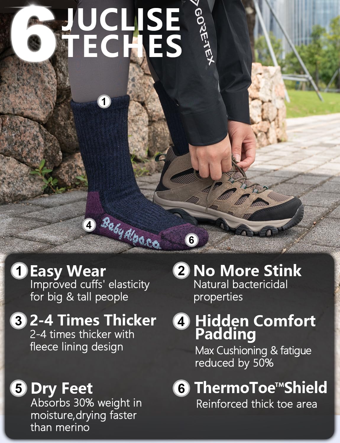 Juclise Alpaca Wool Warm Hiking Socks inner fleece close-up for extra insulation in extreme cold
