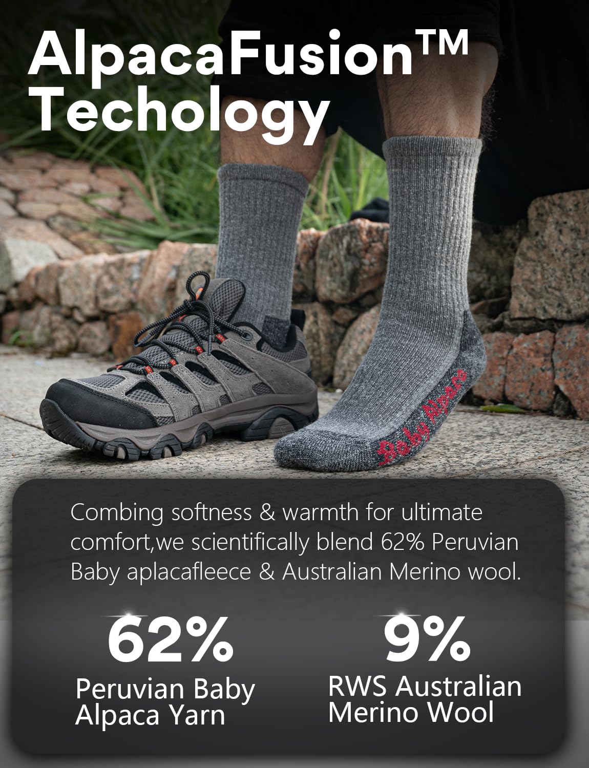 Juclise Alpaca Wool Warm Hiking Socks interior fleece close-up highlights plush insulation.