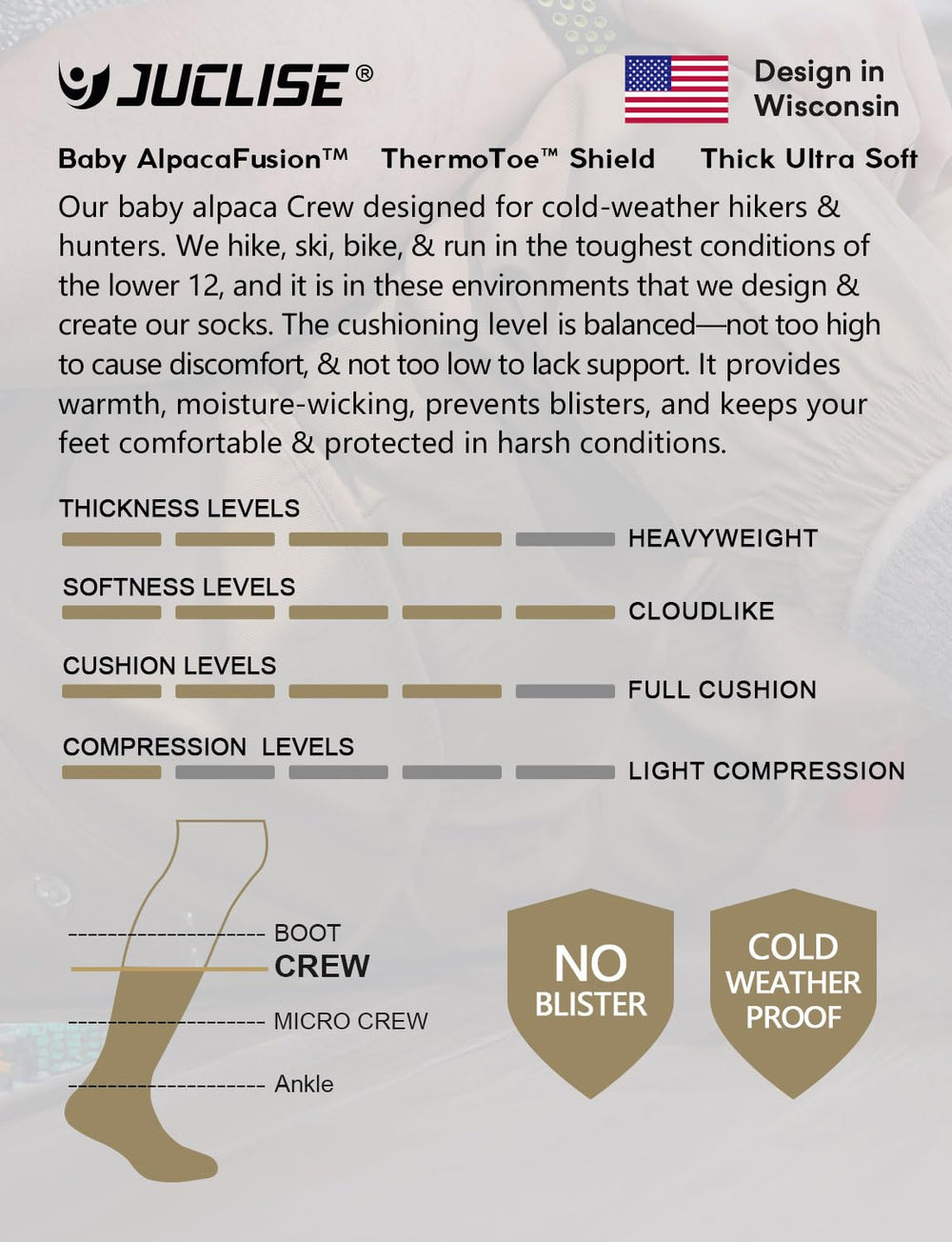Juclise Alpaca Wool Warm Hiking Socks packaged shot showcasing premium winter outdoor gear