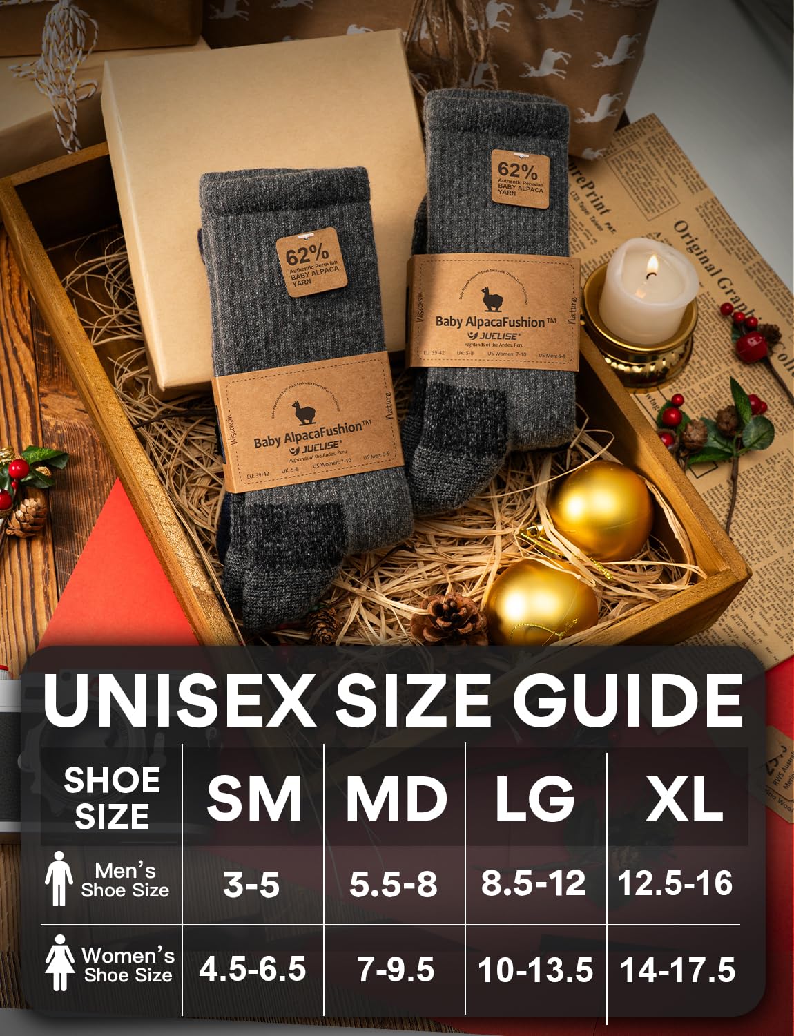 Juclise Alpaca Wool Warm Hiking Socks side view emphasizes reinforced footbed for anti-blister comfort.