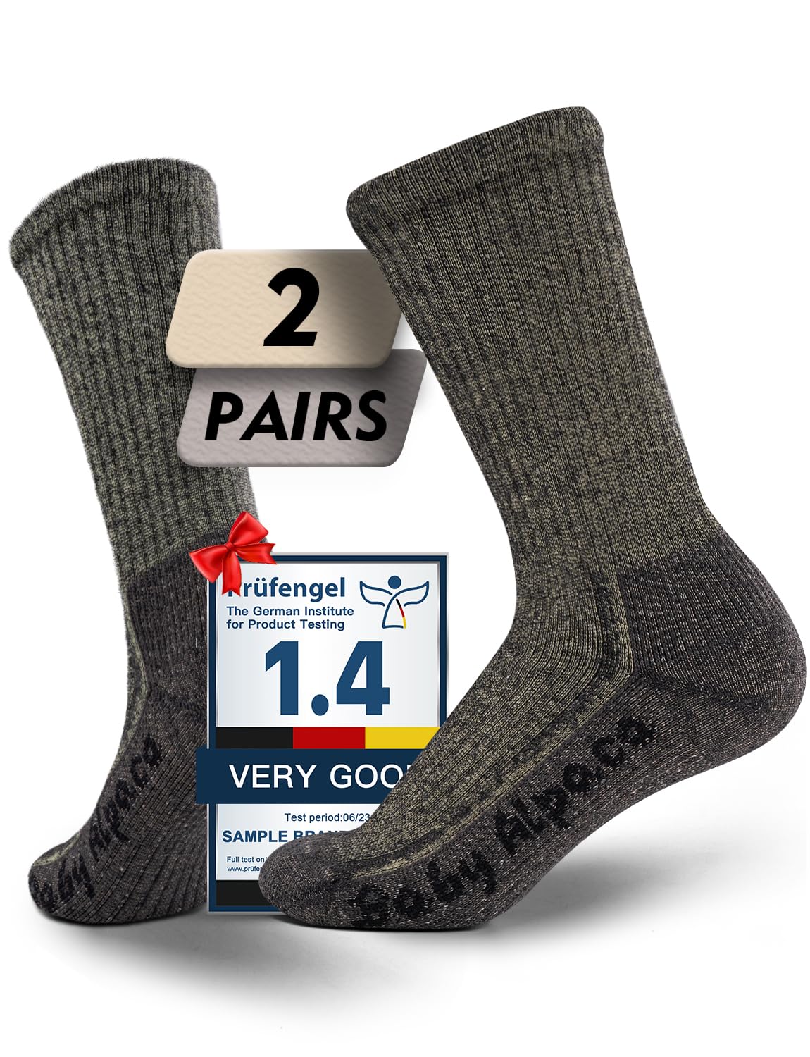 Juclise alpaca wool warm hiking socks taupe on boot show durability for winter hikes