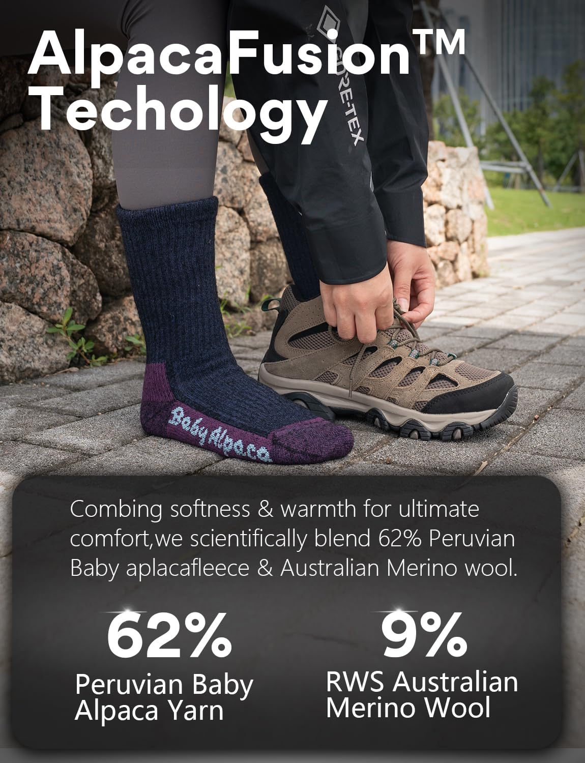 Juclise Alpaca Wool Warm Hiking Socks toe detail highlights reinforced ThermoToe Shield for cold toes