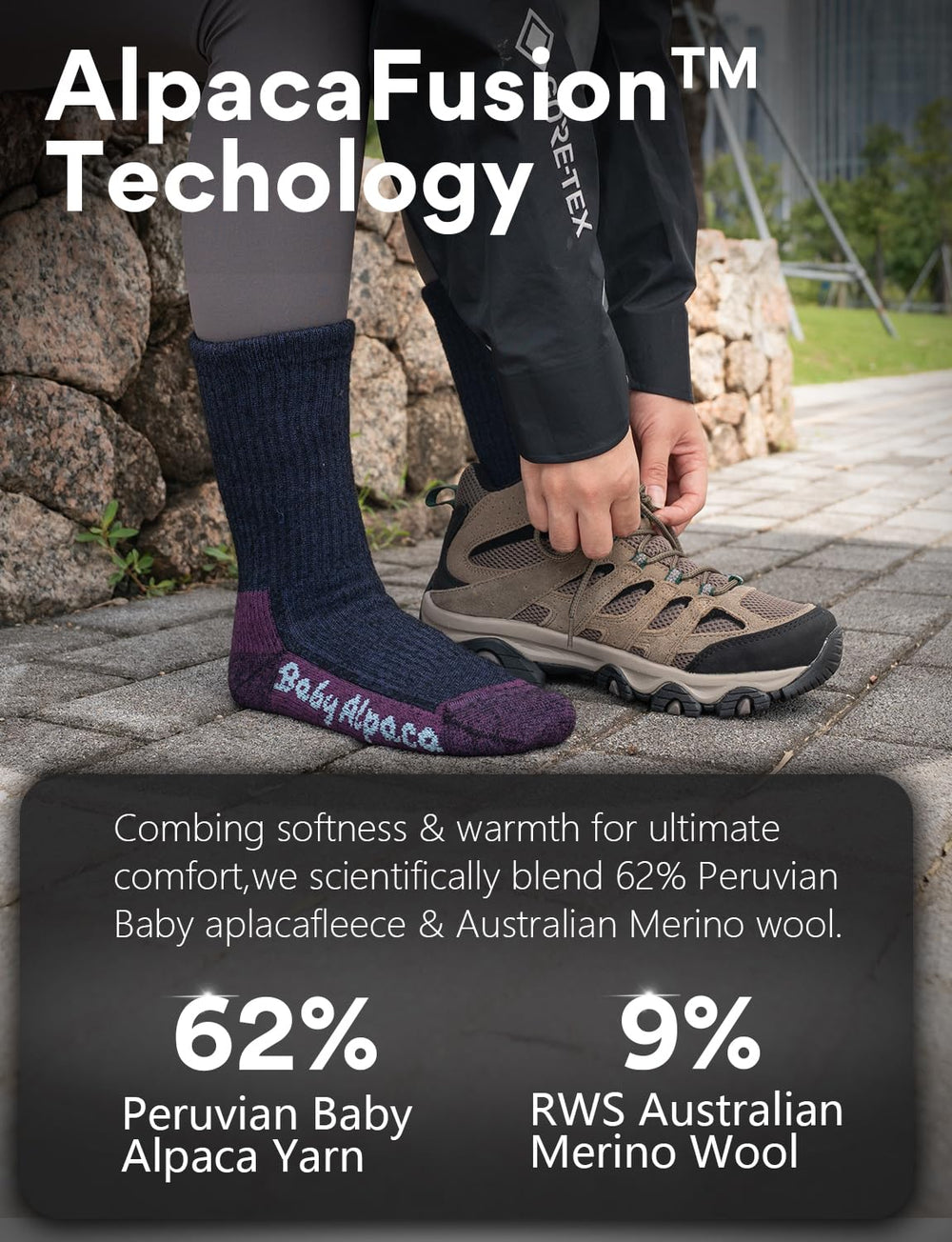 Juclise Alpaca Wool Warm Hiking Socks toe detail highlights reinforced ThermoToe Shield for cold toes