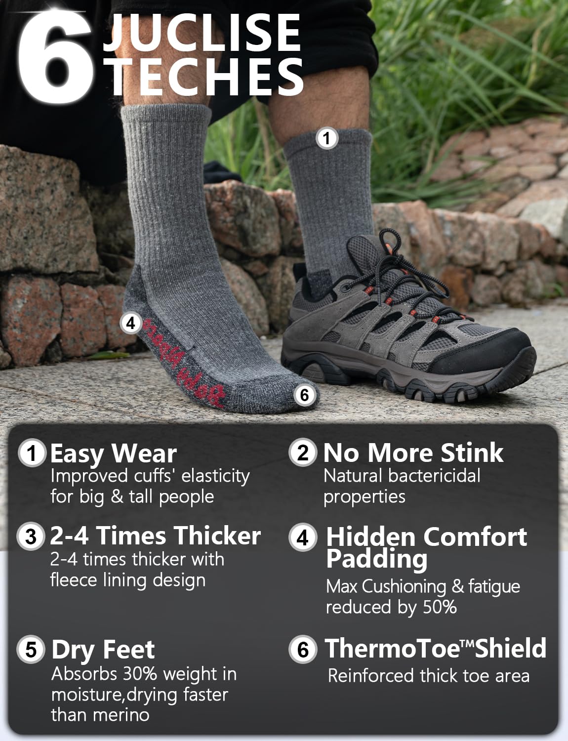 Juclise Alpaca Wool Warm Hiking Socks toe shield feature keeps toes warm in cold days