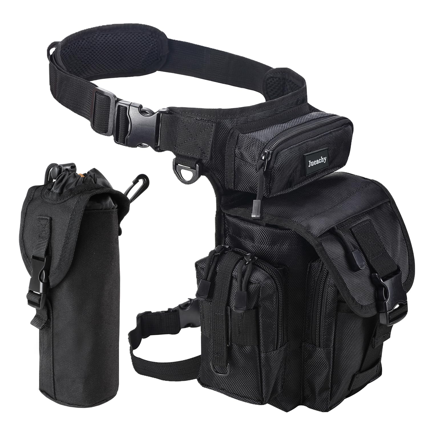 Jueachy Drop Leg Bag front view highlights durable nylon for rugged outdoor use.