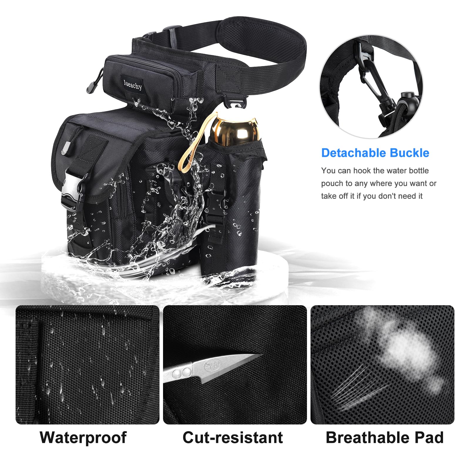 Jueachy Drop Leg Bag worn by model demonstrates compact yet roomy design.