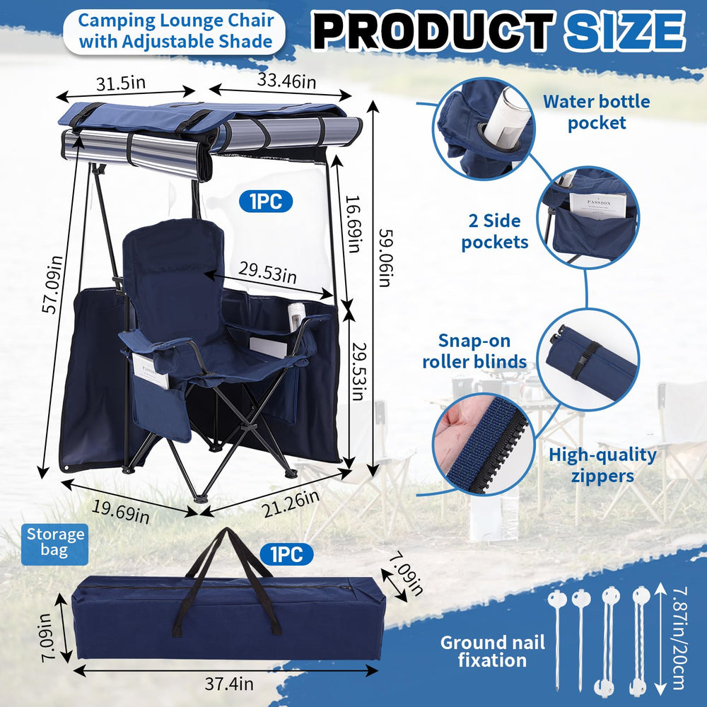 Juexica camping chair with canopy shade extended for full sun protection.