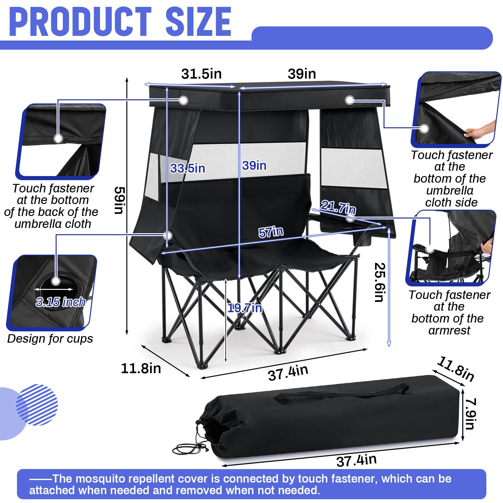 Juexica double beach chair right view showing side shade panels
