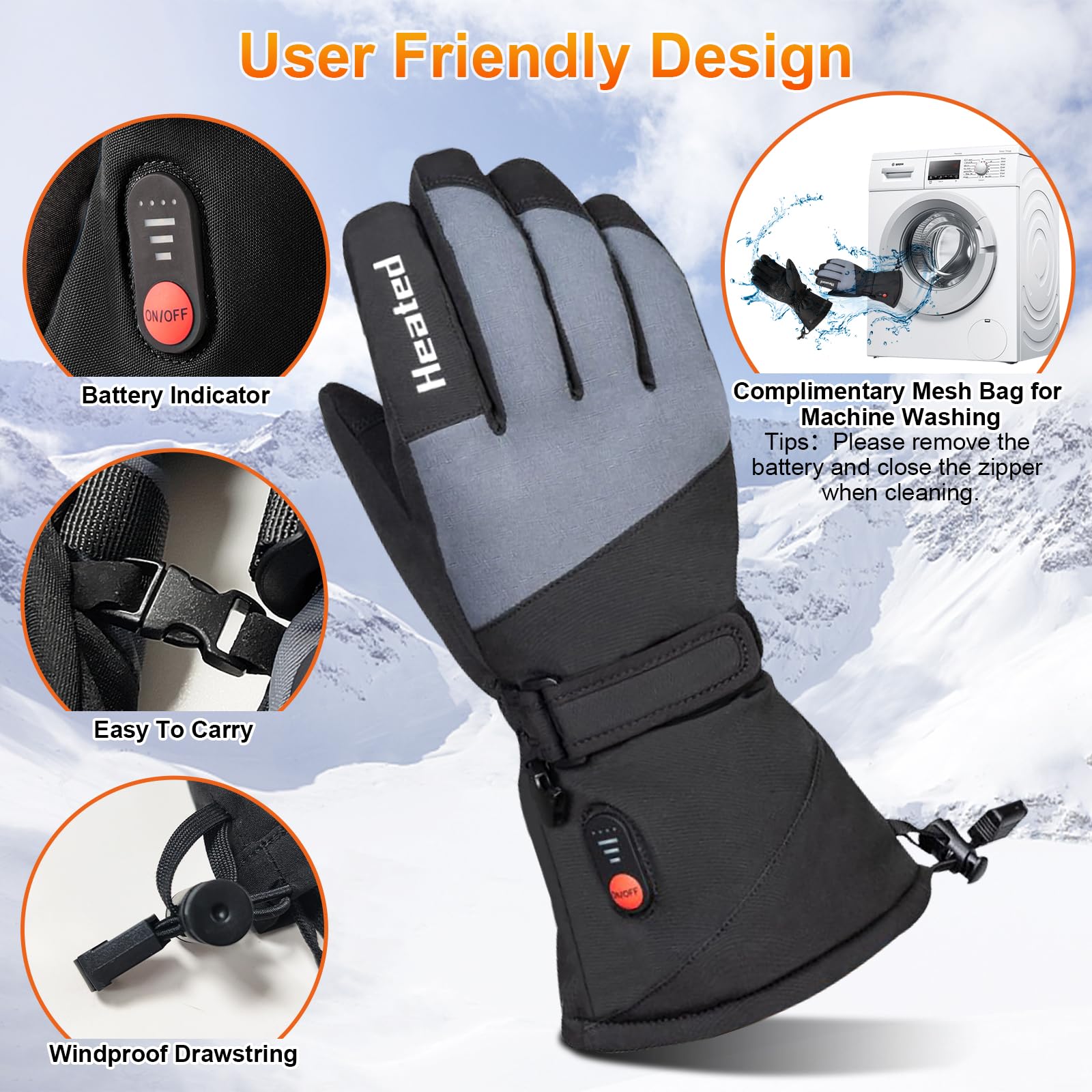 Jugevi heated gloves silicone-grip-palm improves grip in wet or snowy conditions.