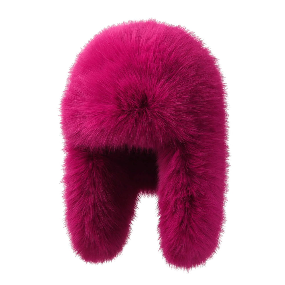 Julpsk winter faux fur trapper hat rose red front view with ear flaps for warmth
