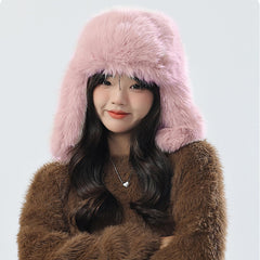 Julpsk pink faux fur trapper hat close-up highlights plush texture and warmth.