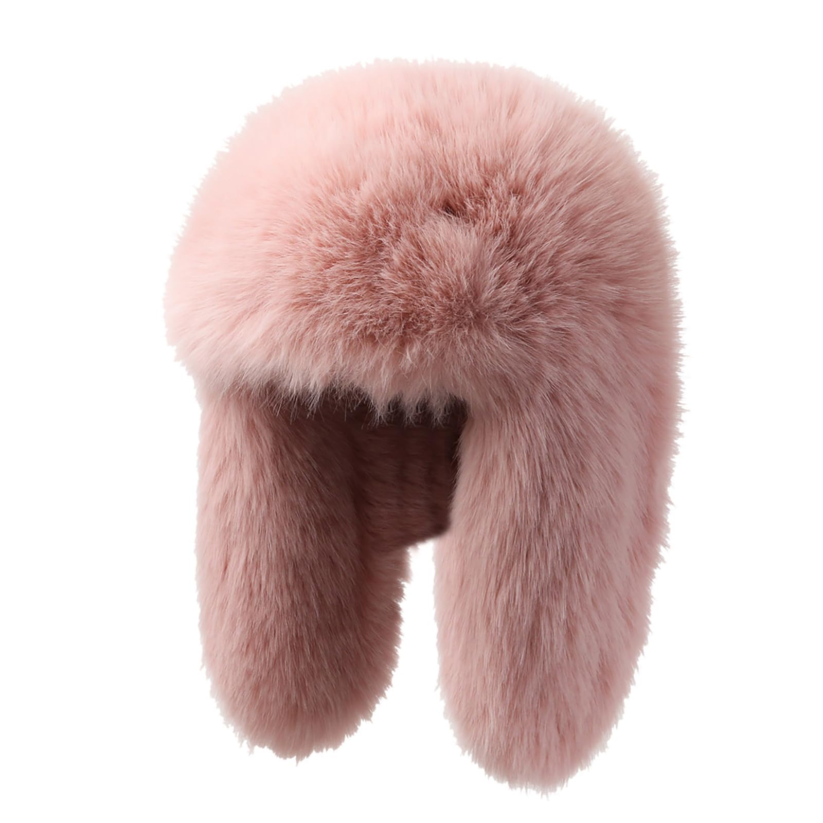 Julpsk pink faux fur trapper hat provides full-ear coverage for cold days.