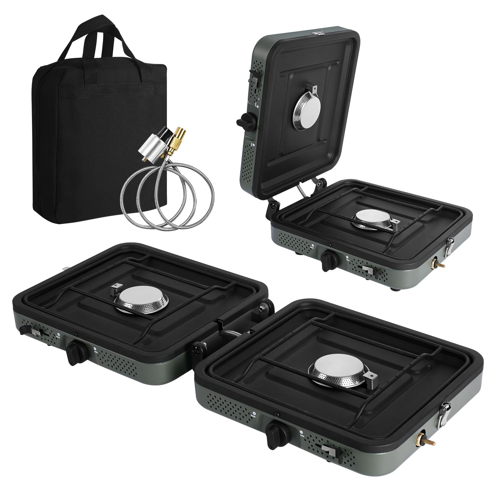 Julymoda 2-burner camping stove front view showcases rugged steel for outdoors.
