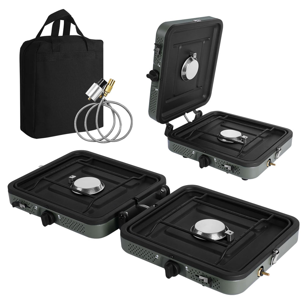Julymoda 2-burner camping stove front view showcases rugged steel for outdoors.
