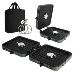 Julymoda 2-burner camping stove front view showcases rugged steel for outdoors.