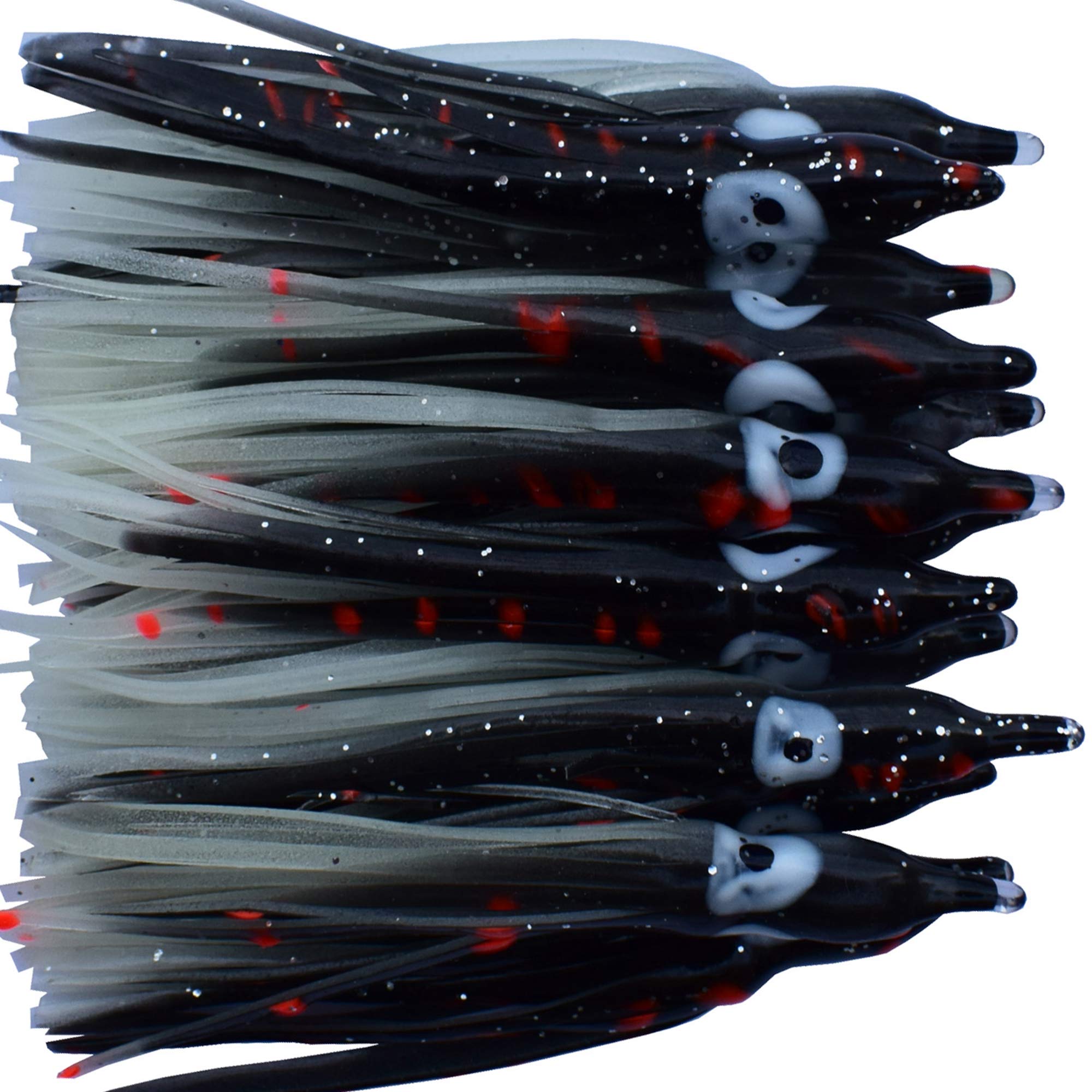 Jumping Fish octopus skirt lure in black for trolling, versatile saltwater and freshwater fishing.