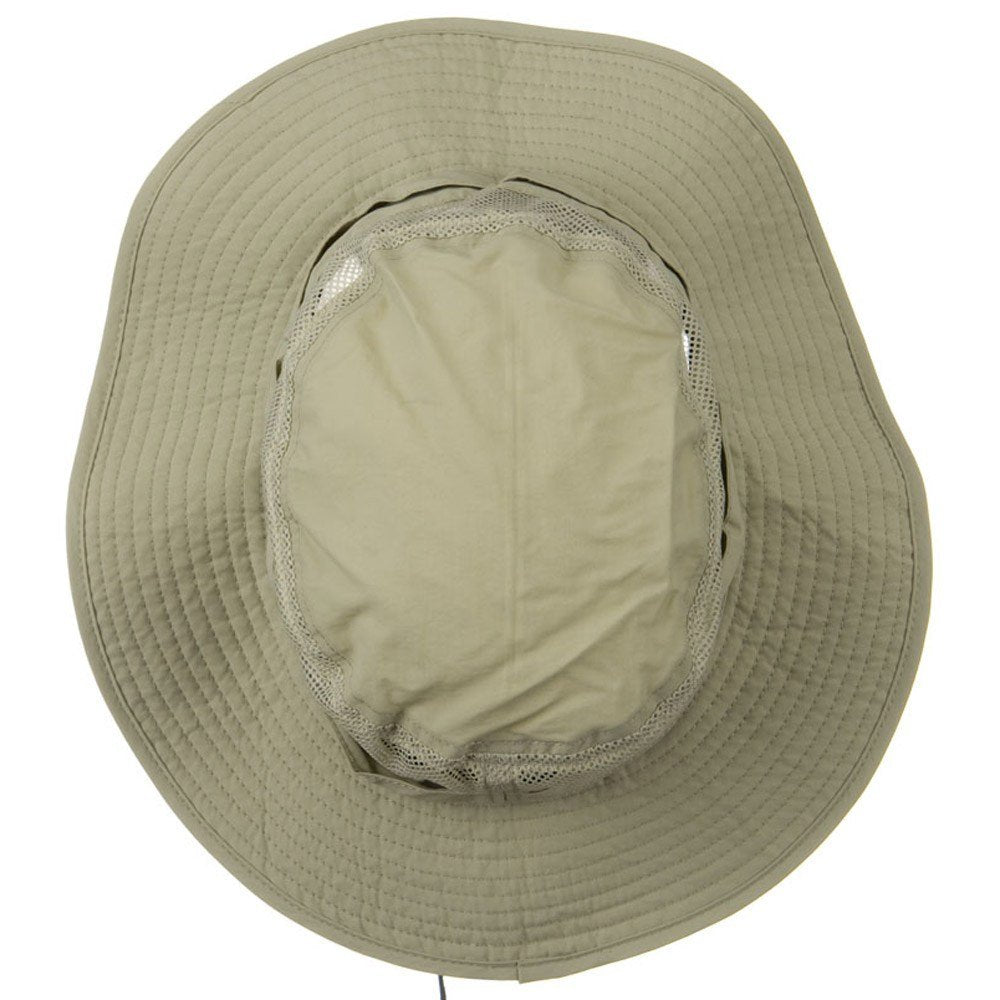 Juniper UV 50+ Side Mesh Talson Bucket Hat Khaki, 3-inch brim shade in sunlight