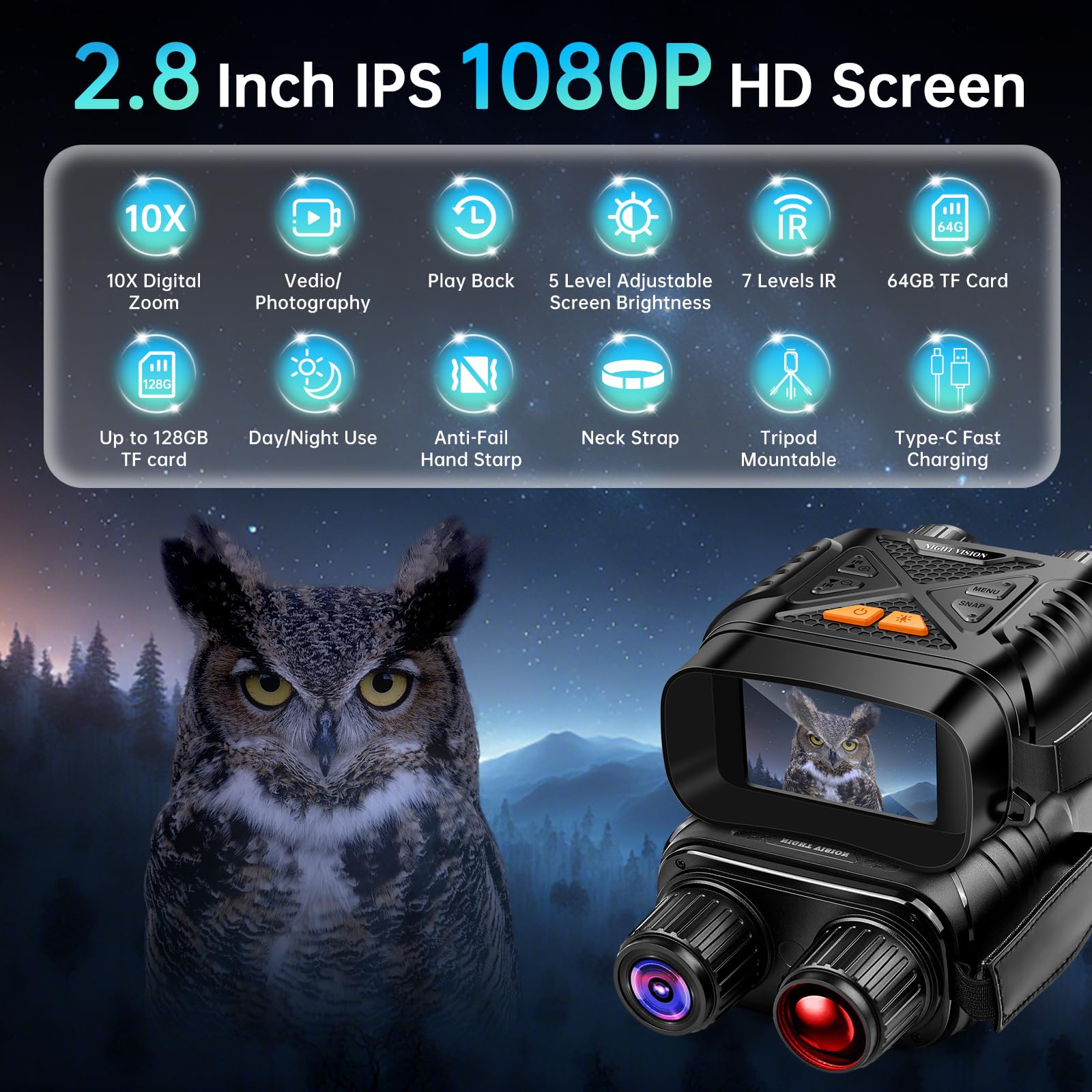 JUOIFIP night vision binoculars 2.8-inch display for vivid color and detail.