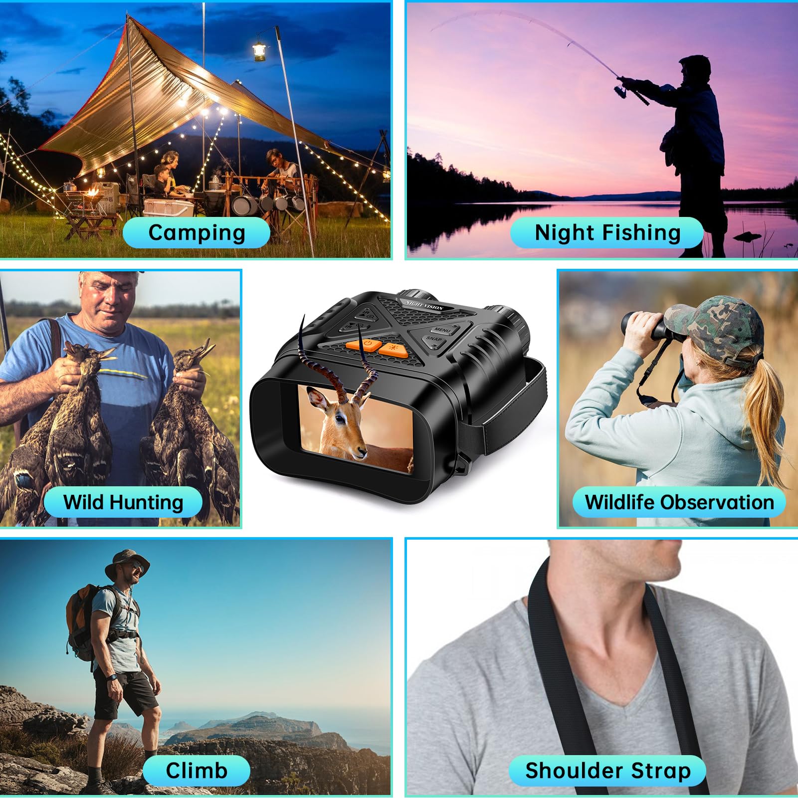 JUOIFIP night vision binoculars complete package includes 64GB TF card and accessories.