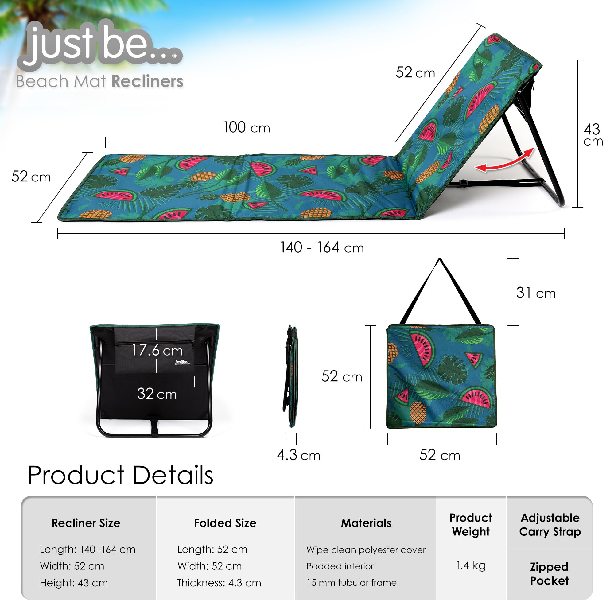Just Be Beach Sun Mat seated length 53cm for upright relaxation