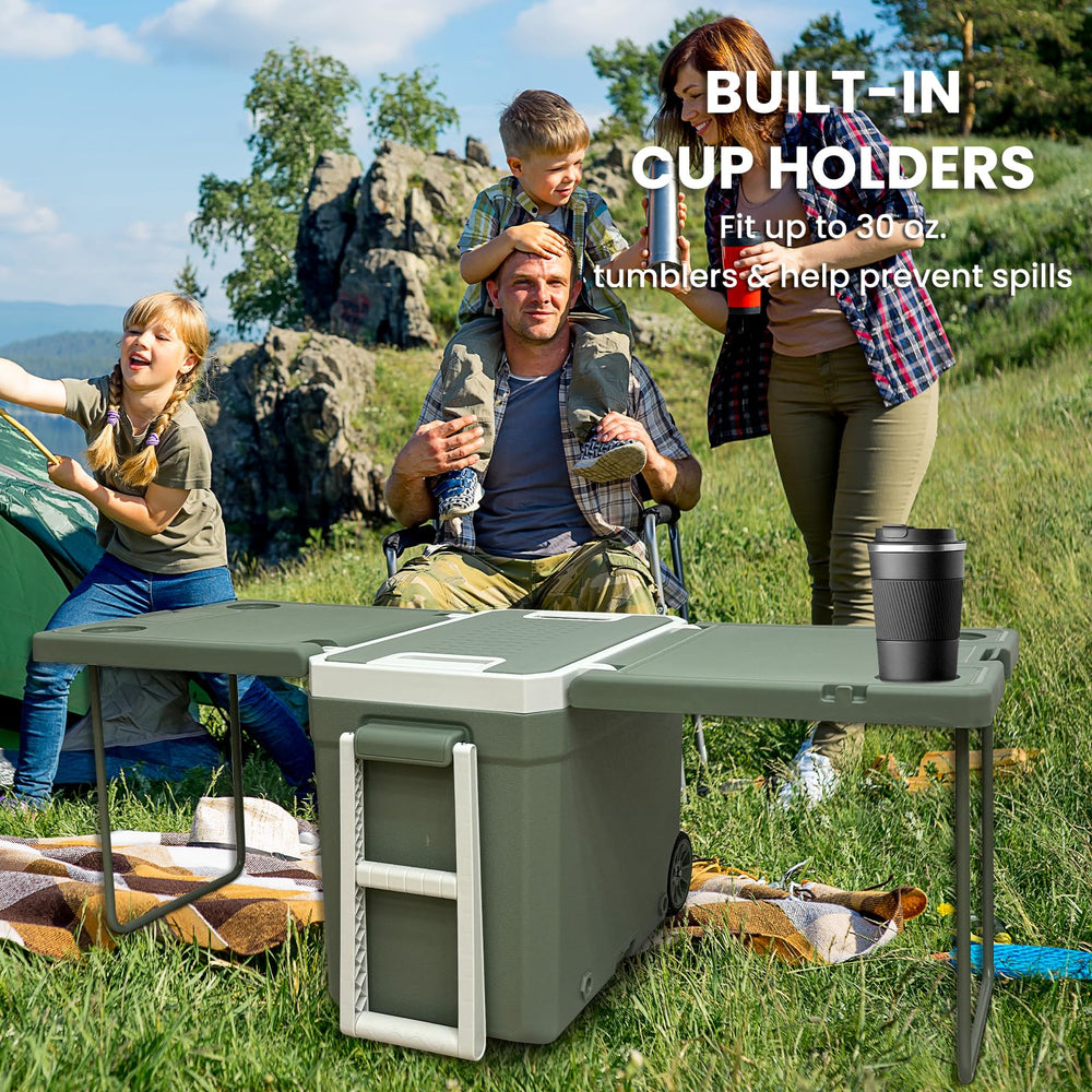 Just-V cooler lid with drain spout and built-in cup holder for spills-free use.