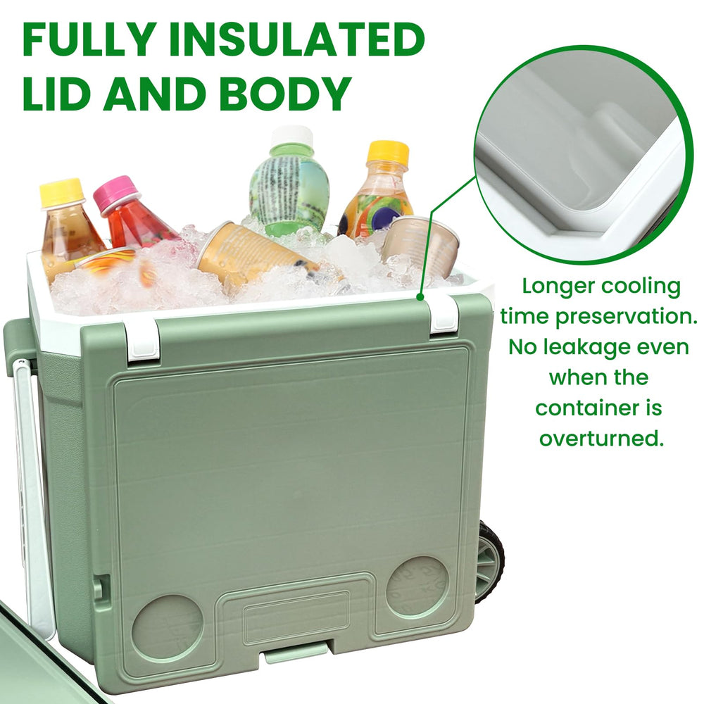 Compact 32L cooler with towing handle for easy transport.
