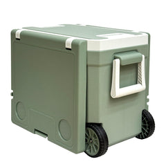 Just-V 32L cooler with heavy wheels for beach and trail transport.
