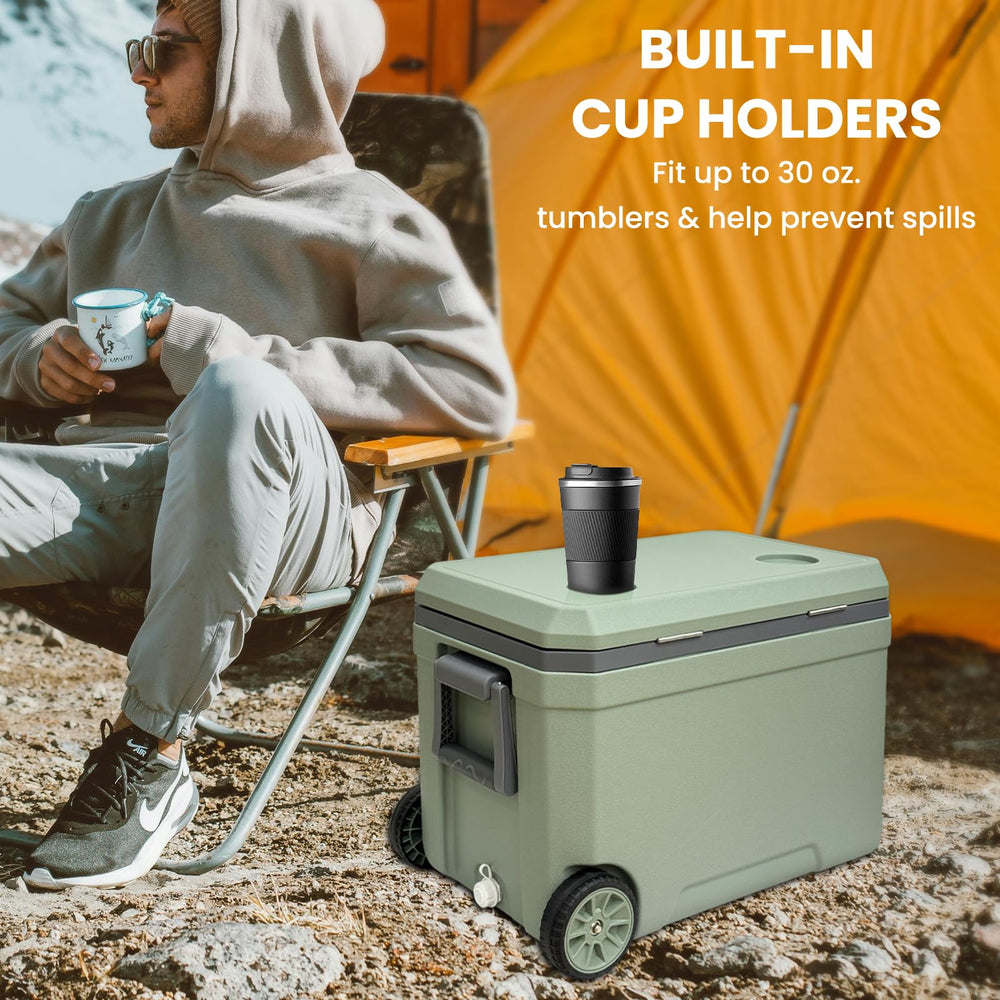 Just-V 45L cooler cup holder with drain spout for spill-free use.