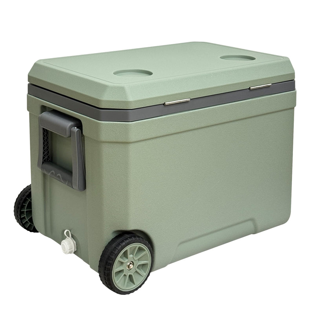 Just-V 45L cooler front view, sturdy and ready for outdoor trips.