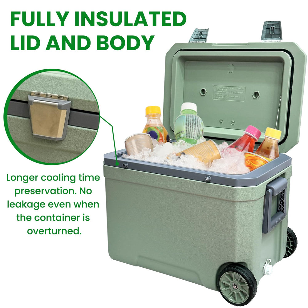 Just-V 45L cooler with lid open, showing ample interior space.