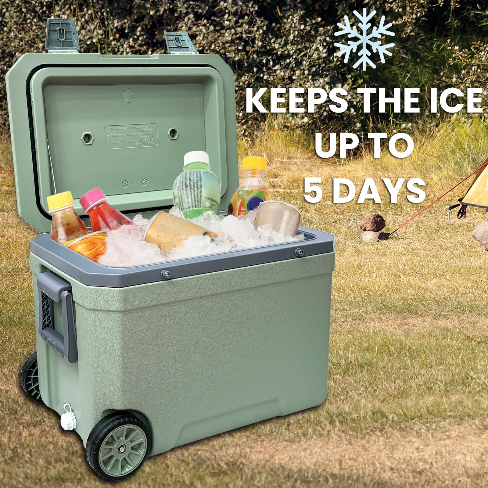 Just-V 45L cooler side with rugged wheels, built for rough terrain.