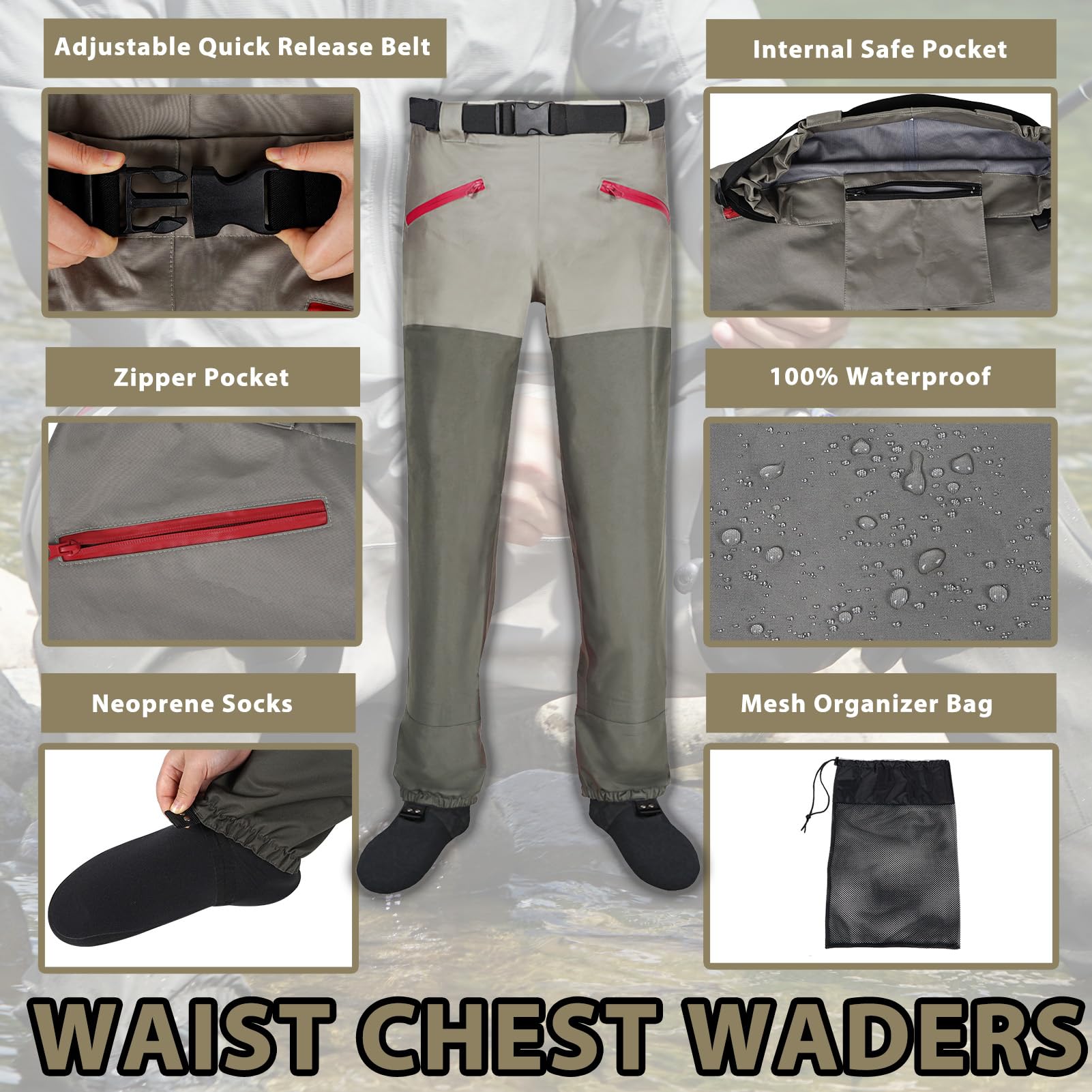 JUSTOOP Waist Wader Pants pocket detail highlights waterproof zips for secure storage