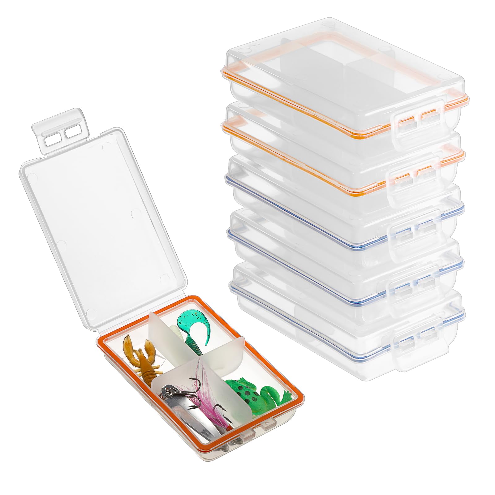 JUXYES 6-pack plastic small fishing tackle box with 4 compartments, transparent