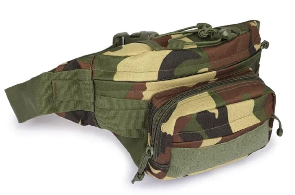 Juzar Tapal Collection tactical fanny pack camo front view for hands-free carry