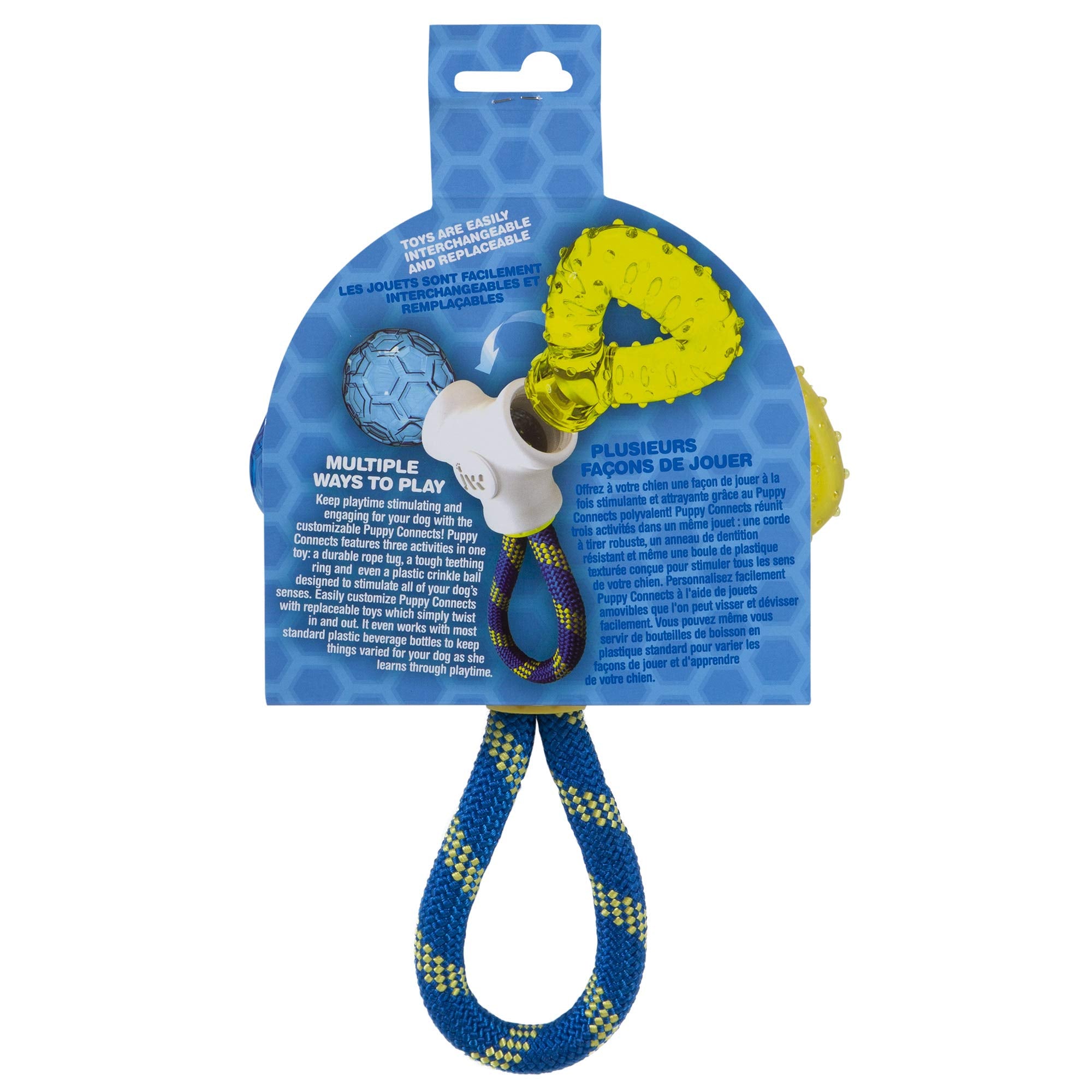 JW Puppy Connects interchangeable toys twist into the center for varied play.