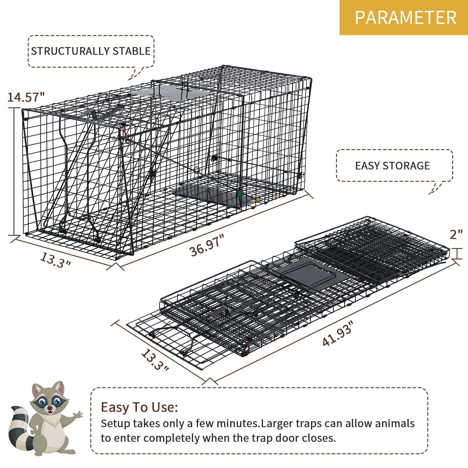 JY CLASSIC humane live-trap 37-inch side view shows black finish reducing glare.
