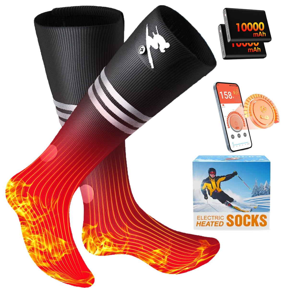 JYew AI heated socks showing battery pack for extended warmth.
