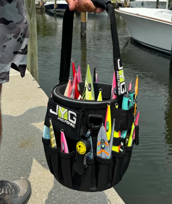 JYG Pro Fishing Jigging Bucket open lid focusing on quick lure access