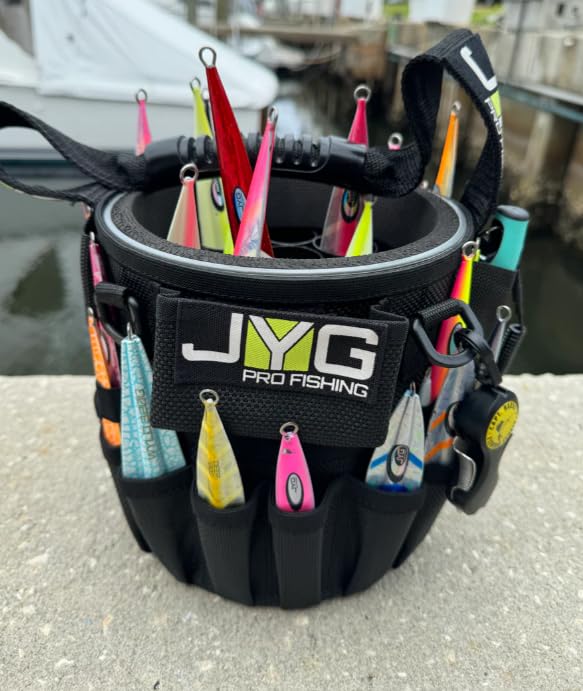 JYG Pro Fishing Jigging Bucket with lures inside showcasing organized tackle storage