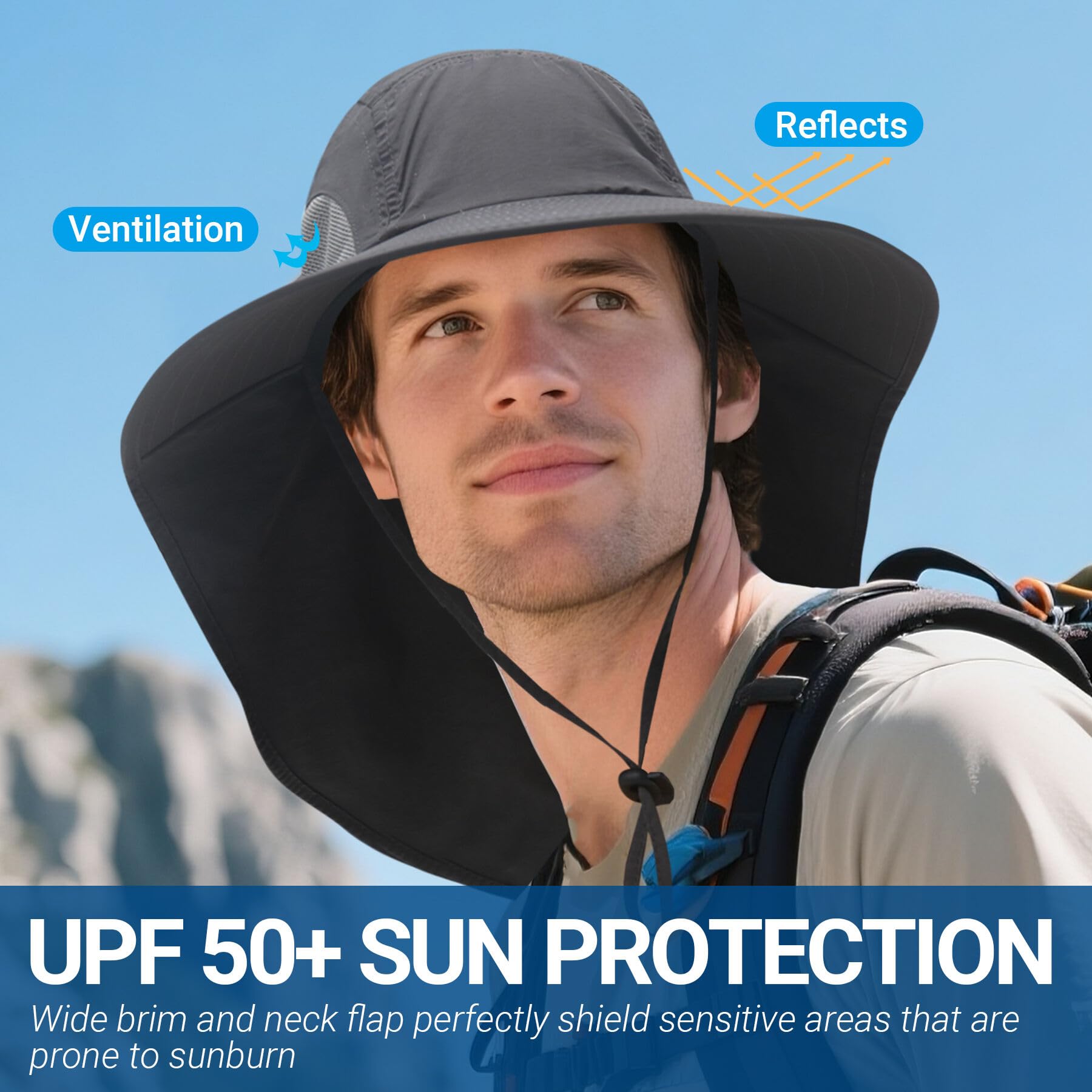 Green UV protection wide brim hat with neck flap – side view