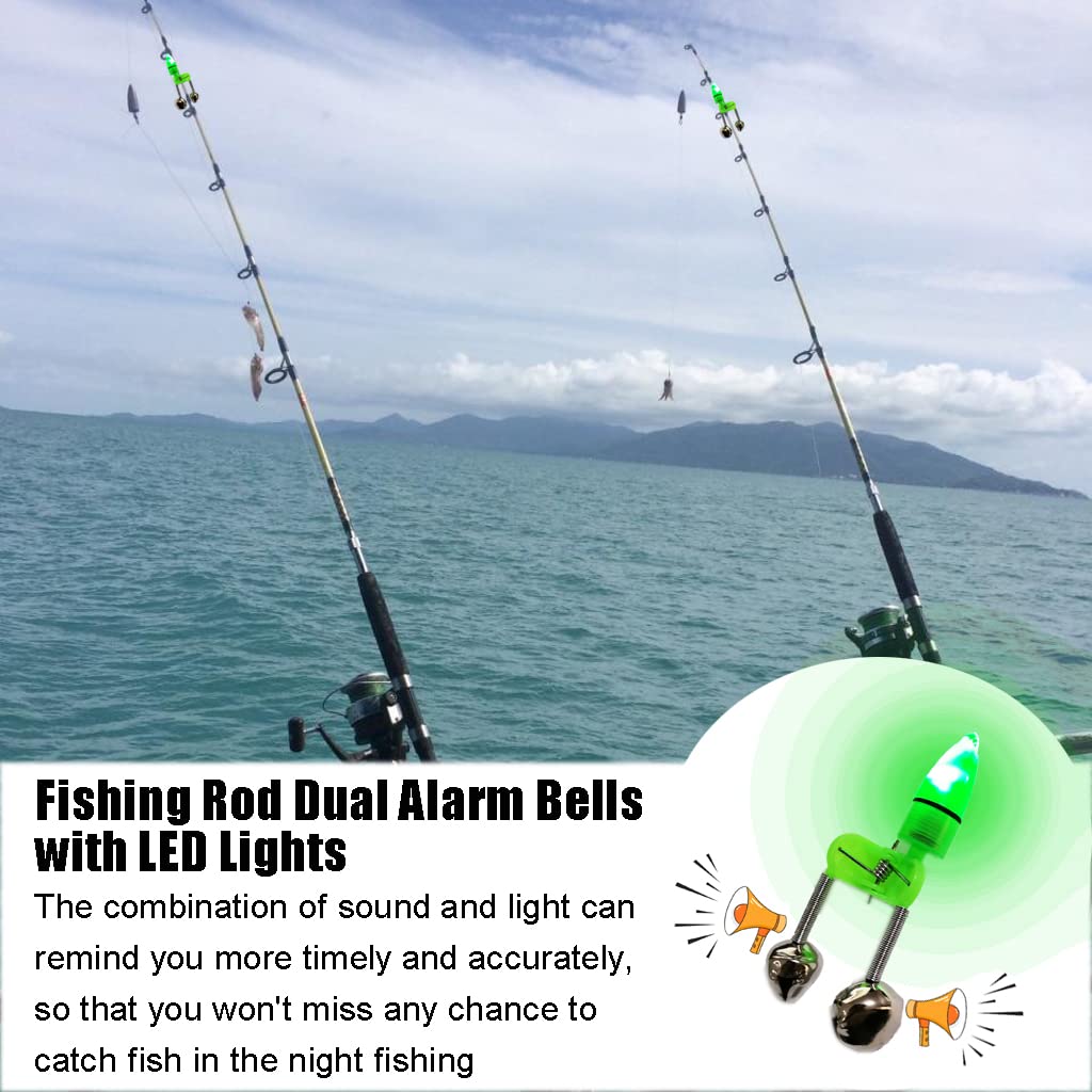 Close-up of green fishing bait alarm bell and LED light