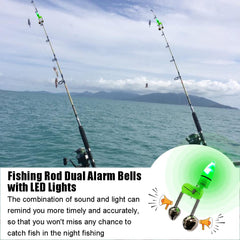 Close-up of green fishing bait alarm bell and LED light