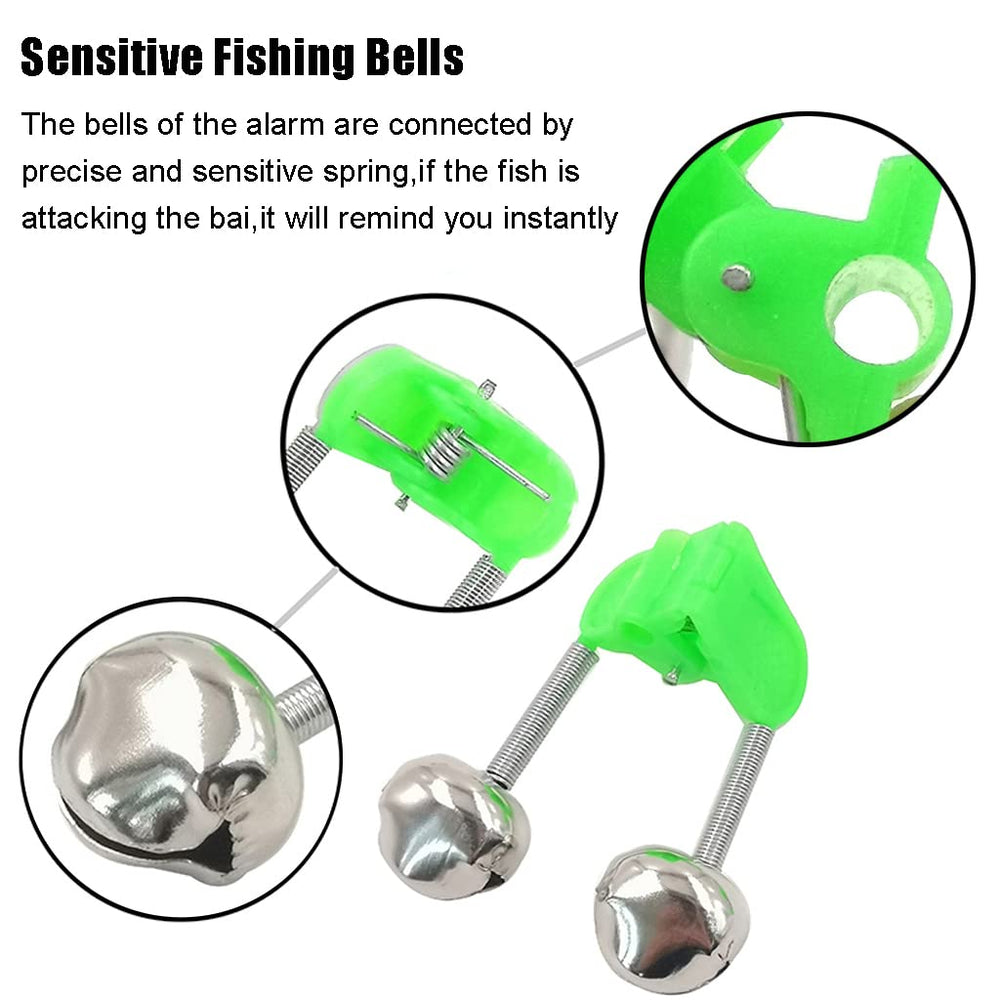 Clip-on fishing rod alarm bell attached to rod, green kit