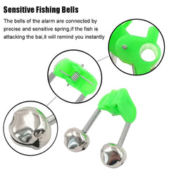 Clip-on fishing rod alarm bell attached to rod, green kit